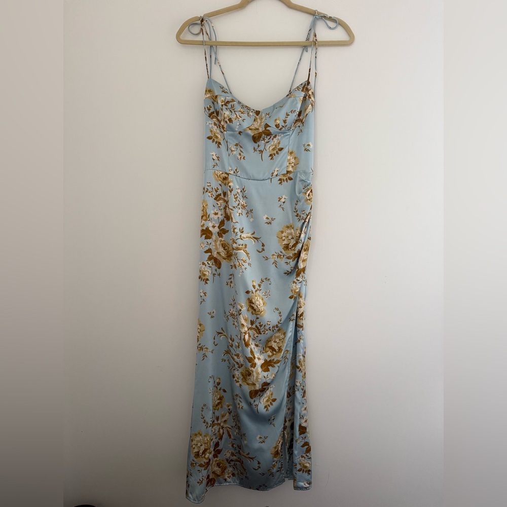 Reformation Blue Brown Floral Marguerite Silk Dress in Heavenly Blue